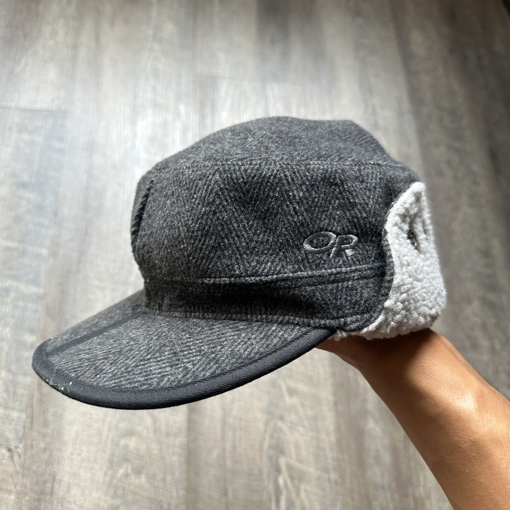 Outdoor Research Yukon Cap L Trapper Gray Black Herringbone Lined Foldable EUC++